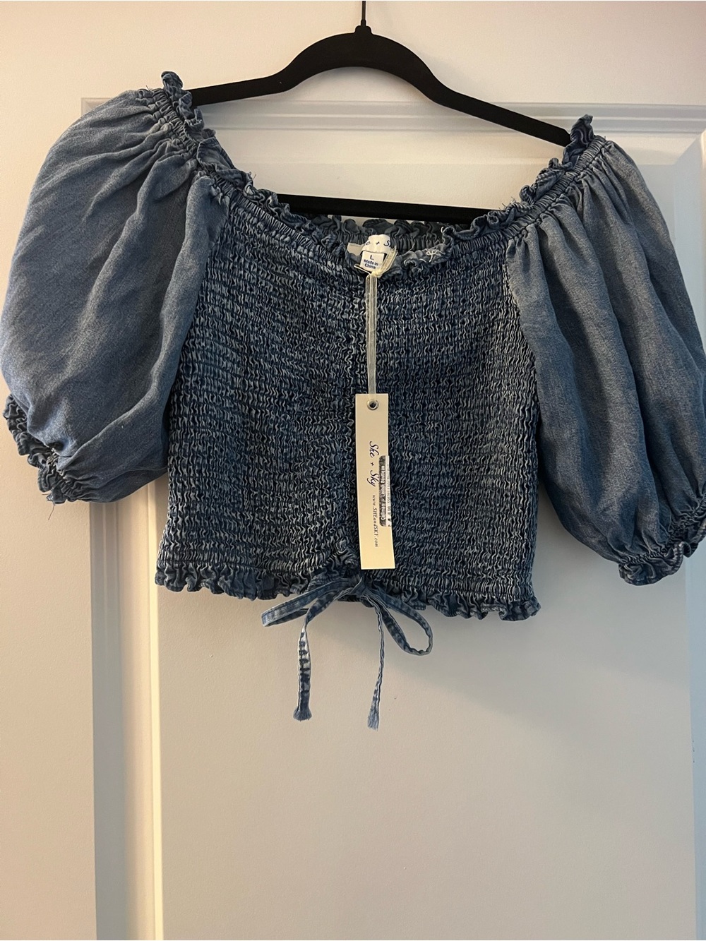 She + Sky Denim-Blue Smocked Off-Shoulder Puff Sleeve Crop Top